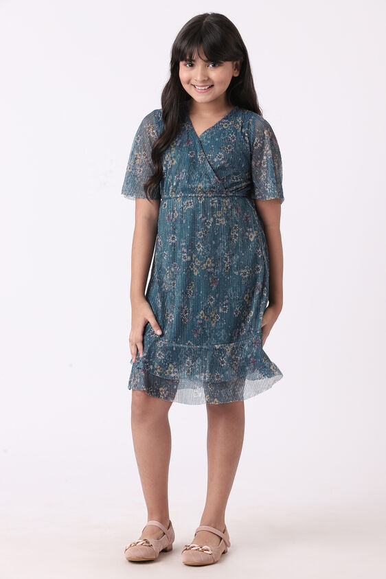 Teal Floral Flared Dress, Teal, image 1